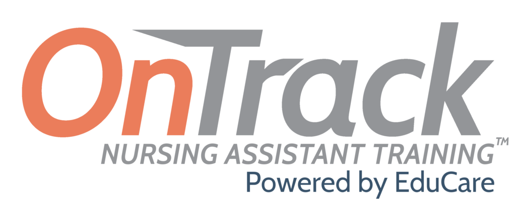 Logo for OnTrack Nursing Assistant Training™ Powered by EduCare with On in orange and the rest of the text in gray and blue on a white background.