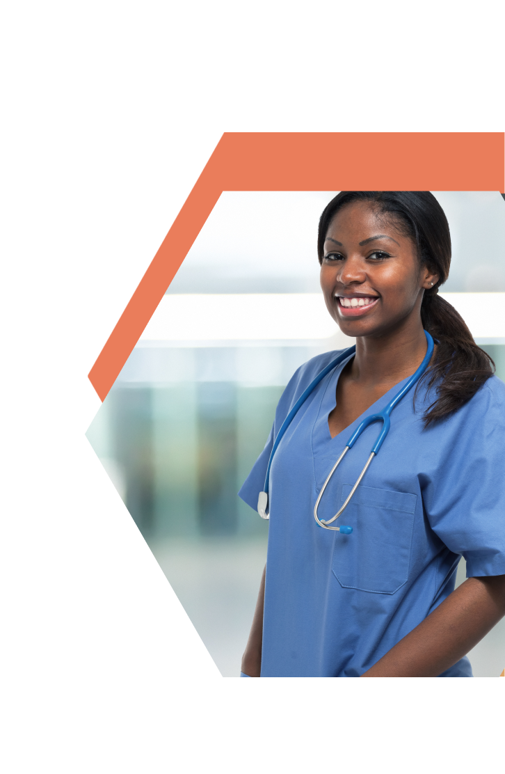 A smiling nurse wearing blue scrubs and a stethoscope stands in a modern, bright environment, framed by a hexagonal orange border on a white background—representing healthcare excellence in Southern Minnesota.