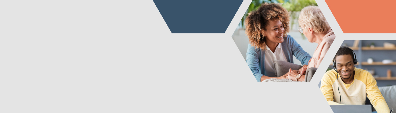 Two hexagonal photos: One shows two women smiling and talking, one younger and one older; the other hexagon shows a young man smiling while using a laptop. Geometric shapes decorate the background.